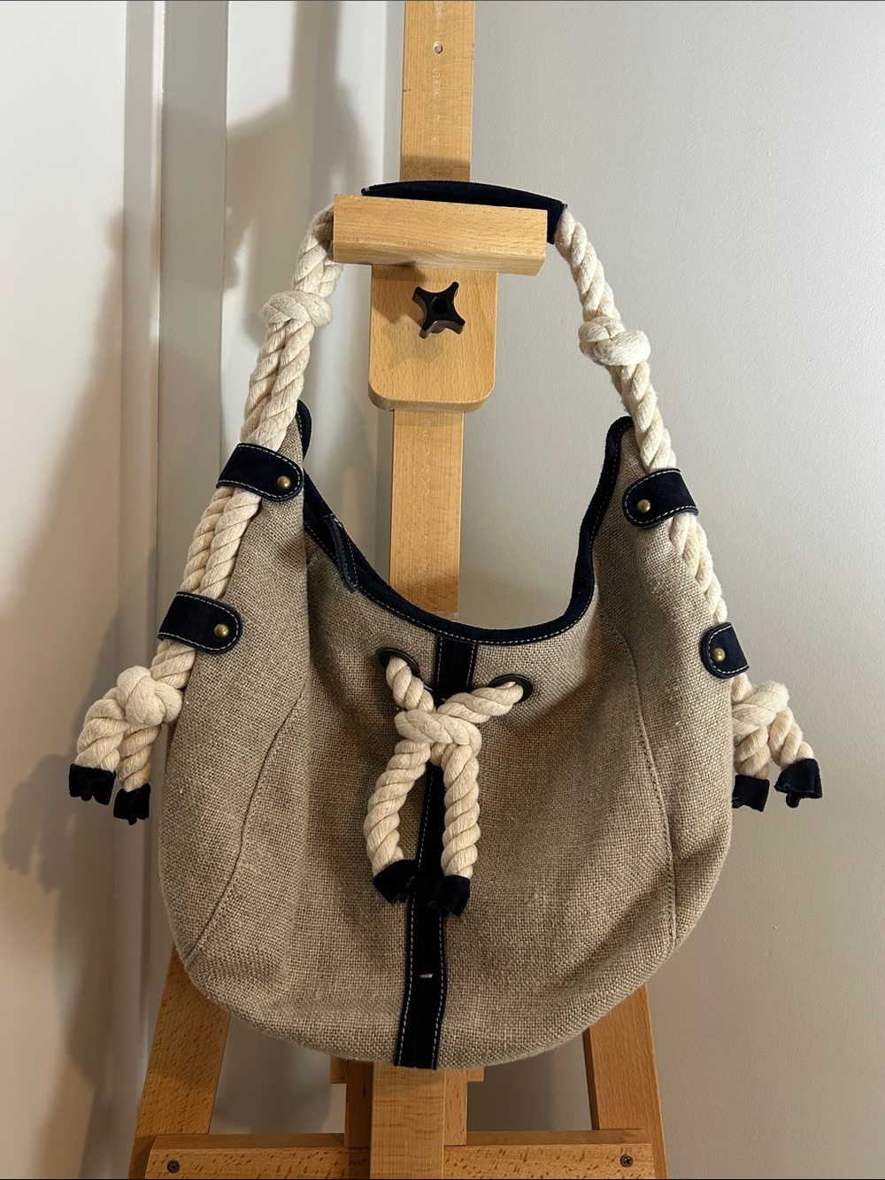 VINTAGE J. Crew Rope Handle Hobo Bag in Natural Linen and Navy Suede